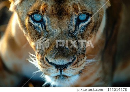 Close-up photo of a blue eyed lioness. The soulful eyes of this blue-eyed lioness reveal the depth of her spirit, a testament to the beauty of the wild. 125014378