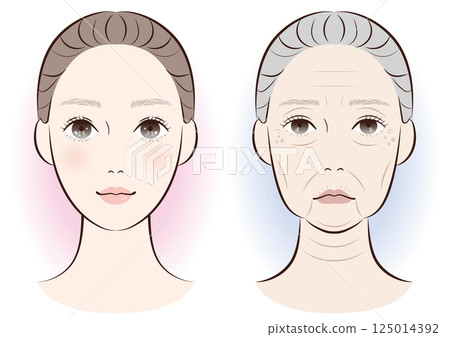 老化臉孔與年輕臉孔的比較 |皮膚隨年齡變化的插圖 125014392