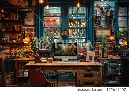 Freelancer's working place in a sidewalk cafe. A tranquil empty workspace at the sidewalk cafe invites thoughts and creativity, offering a perfect spot for freelancers. 125014407