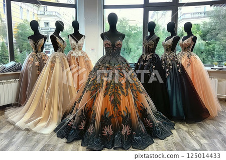 Beautiful dresses from the latest collection on mannequins in a modern atelier. Mannequins proudly display the latest collection of stunning dresses, inviting fashion lovers to explore their beauty. 125014433