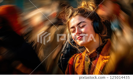 Smiling young woman in headphones with closed eyes in a midst of a blurred motion of a bustling crowd of a big city. In the bustling city, her smile shines through the chaos around her. 125014435