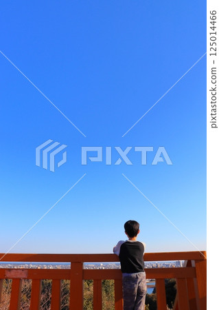 Boy looking out from observation deck 125014466