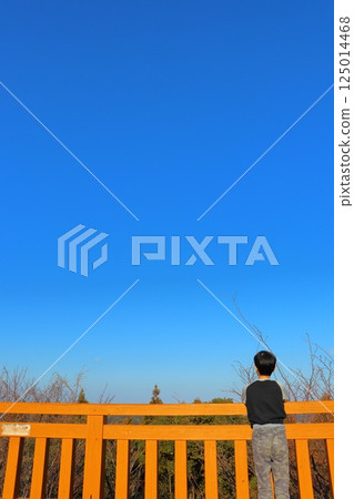Boy looking out from observation deck Boy looking out from observation deck 125014468