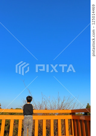男孩從觀景台向外望去 男孩從觀景台向外望去 125014469