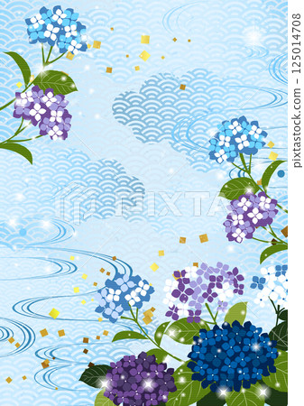 繡球花，梅雨，背景，日式，插圖，可愛，青外波，雲，垂直，藍色 125014708