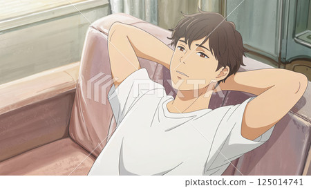 A man posing while sitting on an antique chair A man posing while sitting on an antique chair 125014741