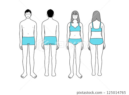 穿著內衣的男女的全身插圖,正面和背面 穿著內衣的男女的全身插圖,正面和背面 125014765