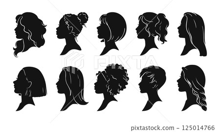 Woman profile. Girl black silhouette head side view. Women stylish hair. Female black outline ponytail. Beauty salon logo. Persons portrait. Glamour hairstyles. Vector lady icons set 125014766