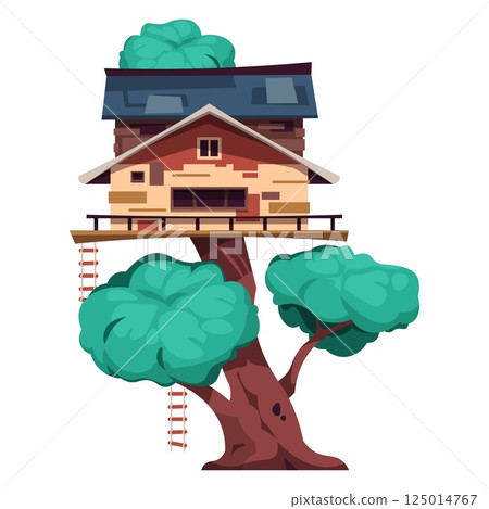 Children tree house. Kids playing construction. Cabin with rope or wooden ladders. Cozy building on forest wood branch. Small home. Playground hut. Vector nature park landscape element 125014767