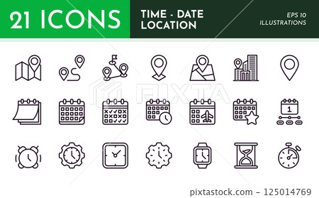 Calendar icons. Clock and map location pin. Schedule time. Event date and place. Appointment organizer. Address duration. Web alarm or contact. Hourglass stopwatch. Vector pictograms set Calendar icons. Clock and map location pin. Schedule time. Event date and place. Appointment organizer. Address duration. Web alarm or contact. Hourglass stopwatch. Vector pictograms set 125014769
