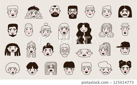 Doodle people face. Cute woman person in glasses, hand drawn girl avatar or line boy, female user. Scribble contemporary human portrait. Vector characters isolated illustration Doodle people face. Cute woman person in glasses, hand drawn girl avatar or line boy, female user. Scribble contemporary human portrait. Vector characters isolated illustration 125014773