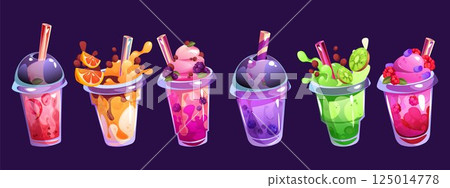 Fruit drink. Cute mango and strawberry juice cocktail for cafe, ice glass cup with fresh summer lemon and blueberry. Sketch for banner with lemonade or milkshake, menu vector background 125014778