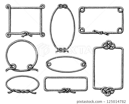 Rope frames. Oval lasso border. Marine boat outline sketch. Tangled knots. Rectangular cordage framework. Intertwined cord loop. Linear cable shapes set. Vector nautical style clipart Rope frames. Oval lasso border. Marine boat outline sketch. Tangled knots. Rectangular cordage framework. Intertwined cord loop. Linear cable shapes set. Vector nautical style clipart 125014782