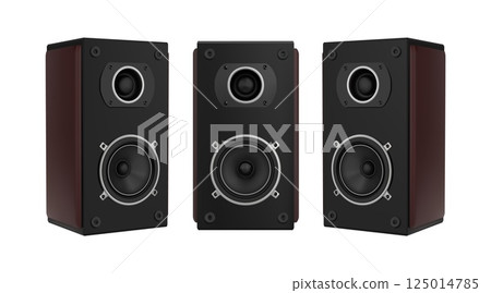 Music speaker. Audio recorder. Sound loudspeaker system. Black stereo acoustics. Disco woofer front side. Studio bass. Multimedia electronic equipment. Vector 3D boombox objects set 125014785