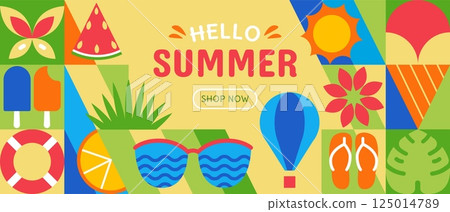 Summer background. Fun vacation pattern. Beach holiday festival or abstract geometric campaign. Hello season party flyer. Summertime journey card. Vector traveling web poster design 125014789