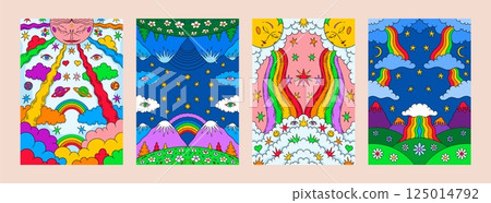 Psychedelic rainbows. Retro art poster. Vintage sixties landscape or 1970s mosaic forest. Sun and sky clouds. Crazy eyes.1960s nature. Hippie hallucinogen. Vector surreal banners set Psychedelic rainbows. Retro art poster. Vintage sixties landscape or 1970s mosaic forest. Sun and sky clouds. Crazy eyes.1960s nature. Hippie hallucinogen. Vector surreal banners set 125014792