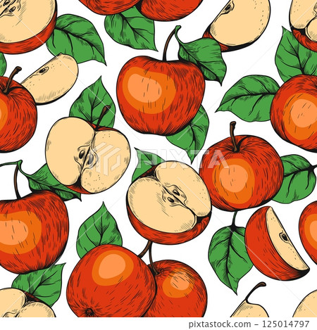 Apple seamless pattern. Fruit colorful sketch style. Summer background. Hand drawn red and green elements. Decor textile, wrapping paper, wallpaper. Print for fabric. Vector illustration 125014797