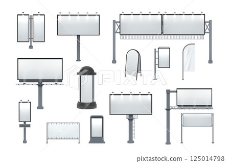 Realistic billboards. Digital outdoor sign. Road sign mockup. Vertical and horizontal 3D ad formats. Urban lightboxes. Commercial announcement banner. Vector blank roadside boards set 125014798