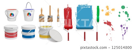 Paint bucket. Color brush. Decorator tools. Can and paintbrush roller for tint. Brushstroke splotch. Painting container. Drop splash. Interior repair and remodel. Vector 3D objects set 125014800