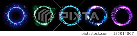 Energy light. Thunder light power. Black and blue storm bolt. Fantasy thunderbolt portal. 3D flare circle. Glowing rings. Electric explosion. Vector luminous lightning round frames set 125014807