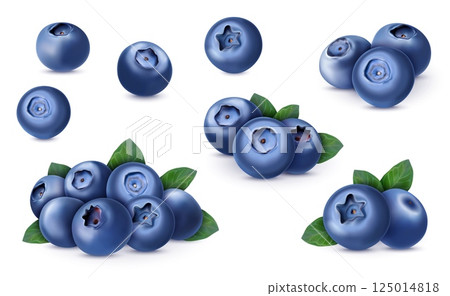 3d blueberry set. Blue berry fruit, wild bilberry juice and leaves realistic logo. Blackberry or huckleberry compositions. Realistic isolated elements. Natural food. Vector illustration 3d blueberry set. Blue berry fruit, wild bilberry juice and leaves realistic logo. Blackberry or huckleberry compositions. Realistic isolated elements. Natural food. Vector illustration 125014818