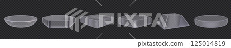 Glass podium. 3D transparent box. Square platform. Cube or cylinder block stand. Crystal hexagon. Clear light display. Abstract geometric shapes. Vector design plexiglass stages set 125014819