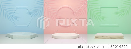 3d podium. White product display, stand with coconut shadow, studio stage for light cream with palm leaf. Mockup for product presentation, empty showcase. Vector minimal background 125014821