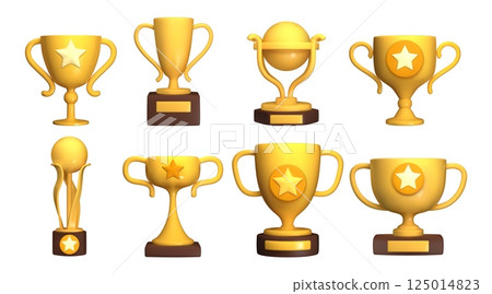 Trophy cup set. 3d winner award icon, champion medal or gold win reward prize. Premium sport game star. Yellow competition winning goblet. Success symbol. Vector render glossy isolated elements Trophy cup set. 3d winner award icon, champion medal or gold win reward prize. Premium sport game star. Yellow competition winning goblet. Success symbol. Vector render glossy isolated elements 125014823