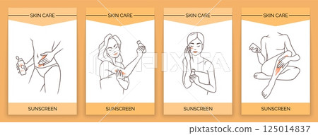 Skincare posters. Beauty routine. Woman applying sunscreen. SPF moisturizing cream. Cosmetic skincare. Line drawing card. Sun UV protection. Sunblock moisturizer. Vector banners set 125014837