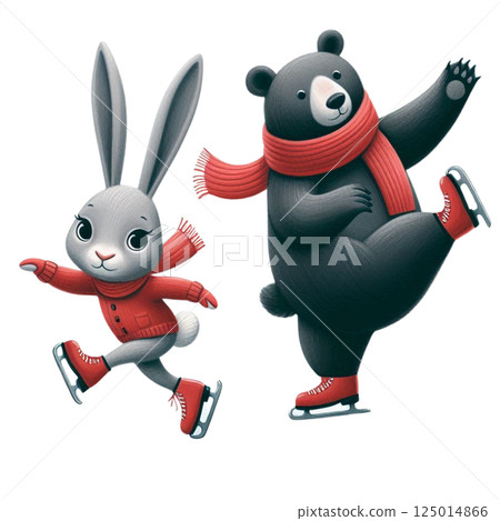 兔子和熊滑冰的插圖 125014866