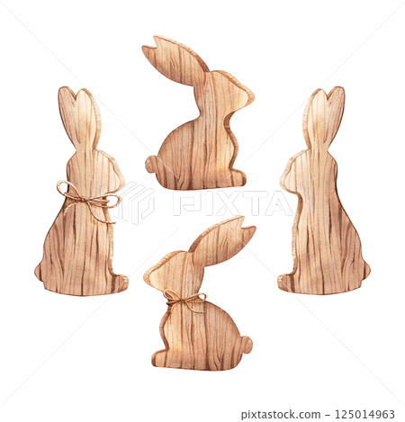 Set of Easter wooden bunnies decorations. Two with twine bow tie. Hand drawn watercolor illustration isolated on white background. For clip art greeting cards invitation label package Set of Easter wooden bunnies decorations. Two with twine bow tie. Hand drawn watercolor illustration isolated on white background. For clip art greeting cards invitation label package 125014963