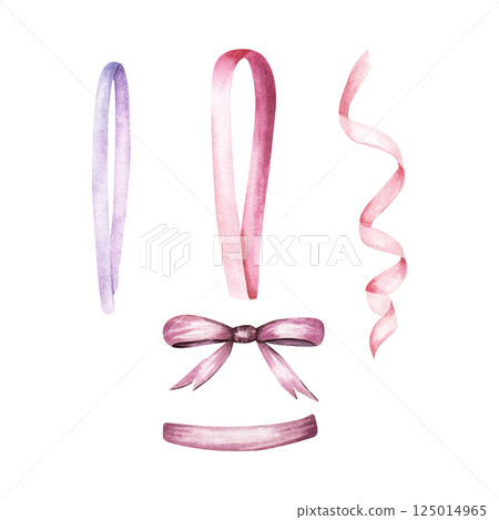 A set of ribbons, tapes and bow. Hand drawn watercolor illustration isolated on white background. For clip art cards invitation label package A set of ribbons, tapes and bow. Hand drawn watercolor illustration isolated on white background. For clip art cards invitation label package 125014965
