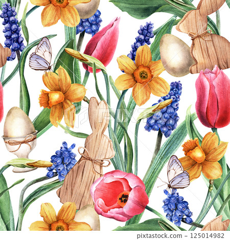 Easter watercolor seamless pattern with yellow daffodils, narcissi, pink tulips, blue grape hyacinth, muscari, wooden bunny decoration, eggs, butterflies. For wrapping wallpaper fabric textile 125014982
