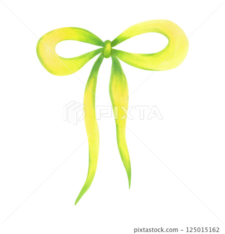 Yellow green bow.Watercolor and marker illustration.Hand drawn isolated art.Ribbon clipart for decorating bouquets for weddings, birthdays, Mother's Day, Easter, Christmas and Patrick's Day 125015162