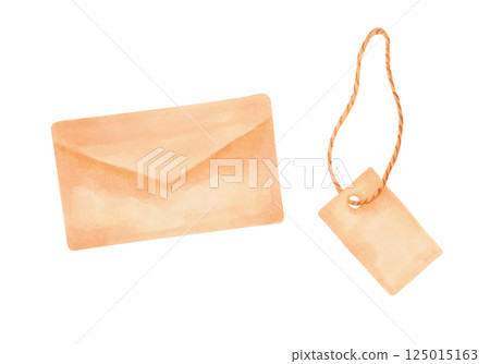 Paper brown envelope with blank tag on rope.Illustration with watercolors and markers.Vintage clip art with kraft paper.Hand drawn isolated sketch.Label for your text, concept invitation or template. 125015163