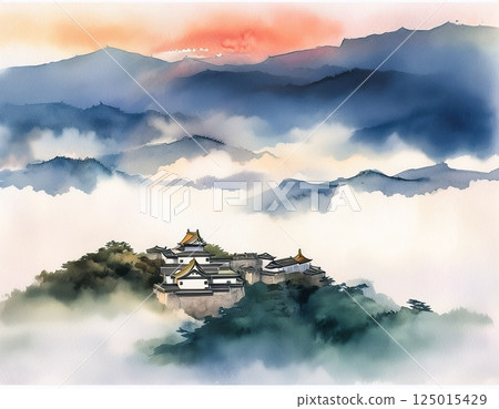 Echizen Ono Castle floating in the sea of clouds illustration 125015429