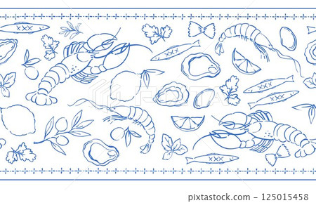 Horizontal vector pattern of seafood shrimps, oysters, lobster, lemons and olives. Mediterranean Dolce Vita style vintage illustrations for food, suitable for restaurant and marine cafe menu. Horizontal vector pattern of seafood shrimps, oysters, lobster, lemons and olives. Mediterranean Dolce Vita style vintage illustrations for food, suitable for restaurant and marine cafe menu. 125015458