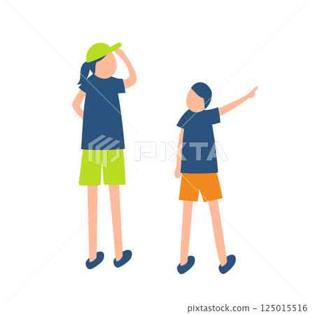 Illustration of a boy pointing in the direction and a woman looking in that direction 125015516