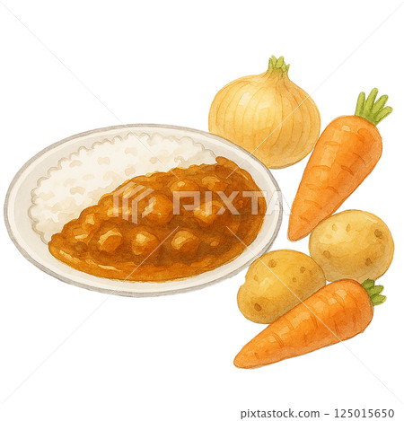 Watercolor illustration of curry rice and vegetable ingredients (carrots, potatoes, onions) 125015650