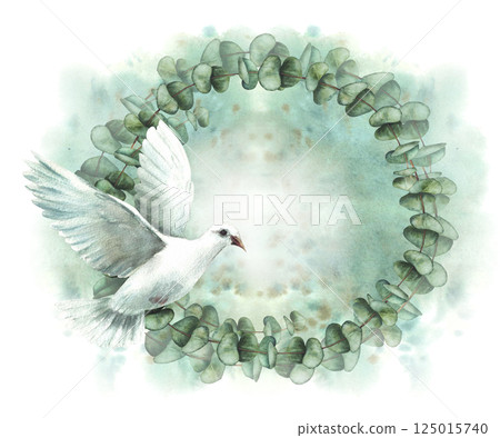 White Dove with Eucalyptus plant green branches wreath. Green twig round frame with flying pigeon. Isolated illustration on watercolor green spotted background for wedding, christening, baptism card. 125015740