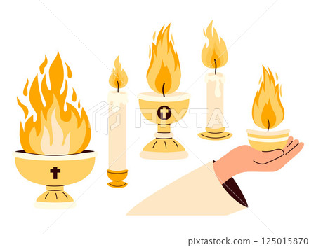 Sacred Flames and Chalices, Christian Candle Set. Holy Spirit Religious. Isolated Vector Vigil Lamp in Hand, candlesticks and lamp with fire. Spiritual Light And Faith, Catholics, Christians Holiday 125015870