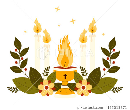 Religion. Sacred Flame. Church Chalice with Fire, burning Candles with Flowers and leaves. Vector Illustration. Spiritual Life. Spiritual Holiday. Universal symbol of hope, light and faith 125015871