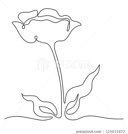 Beautiful Flower with Leaves. One Continuous Line Drawing. Minimalist plant in Simple Linear Style. Vector Illustration. Hand Drawn Monoline. Editable stroke 125015872