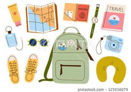 Flat cartoon illustration set, travel packing for women. Stylish vacation items and essentials for solo trip and summer holiday in doodle style, road trip backpack packing, vector icons collection 125016079