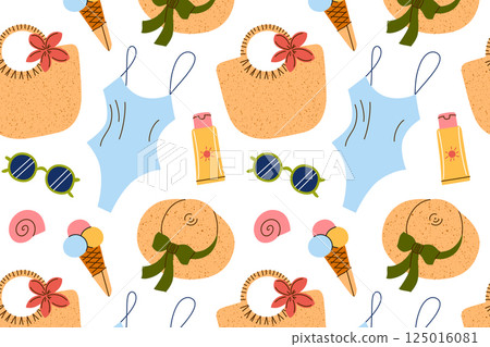 Cartoon summer pattern for women vacation. Flat vector illustrations with tropical holiday vibes, stylish accessories and beach essentials in doodle style, travel packing icons, colored clipart 125016081