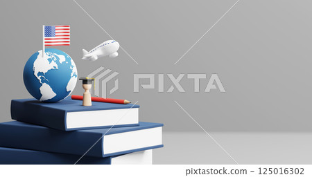 Study abroad and travel in America concept design of American flag on world and wooden people with graduation cap on grey background 3D render 125016302