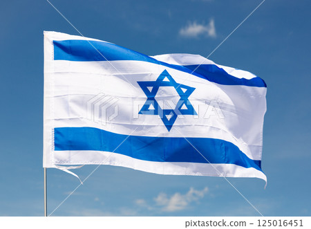 Flag of Israel waving on cloudy sky during daytime Flag of Israel waving on cloudy sky during daytime 125016451