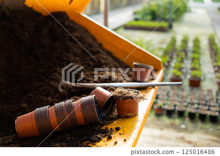 View of the nutrient soil and the flower pots View of the nutrient soil and the flower pots 125016486