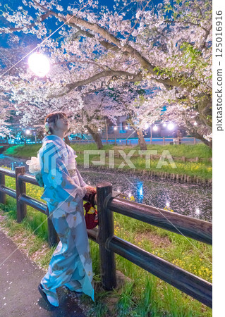 川越新河岸的櫻花盛開，漂浮著花筏，還有一位身著和服的中年婦女 125016916