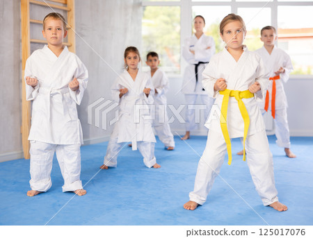 Group of children in kimono trying new martial moves at karate class 125017076